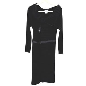Sarah Pacini Black Merino Wool Ribbed Knit Asymmetrical Zip Midi Cardigan One Sz